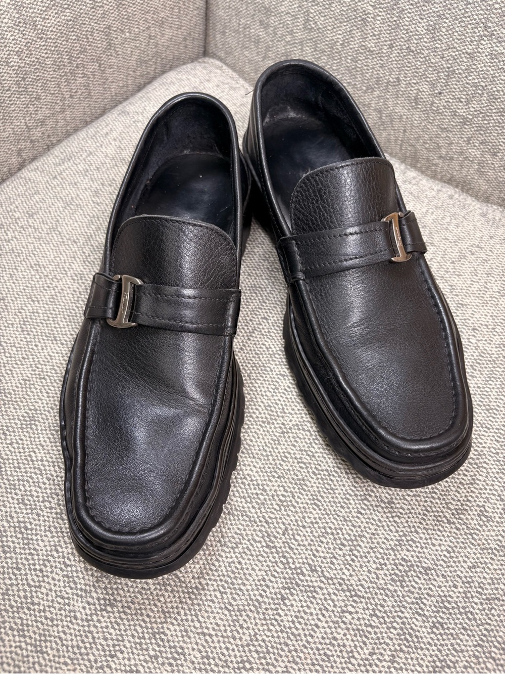 SALVATORE FERRAGAMO Men's Black Leather Slip-On Loafers with Buckle Detail